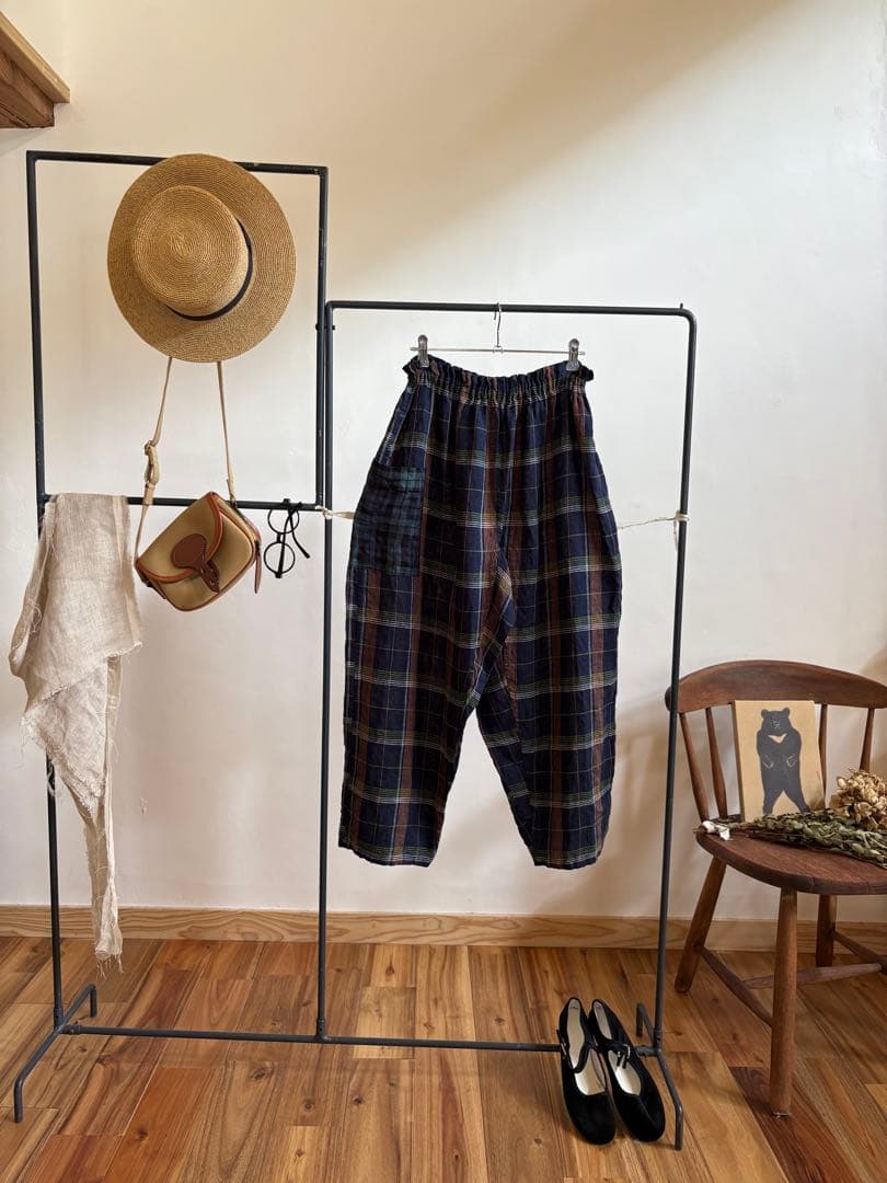 洗いざらしのマドラスチェックlinen リラックスもんぺ