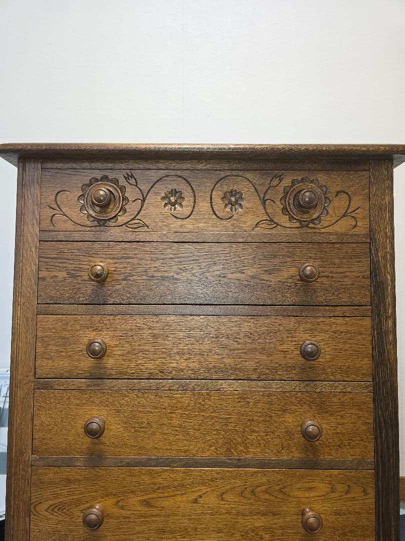 美品 勇峰工芸　雅　花柄チェスト　ナラ材家具　 旭川家具　伝統工芸品