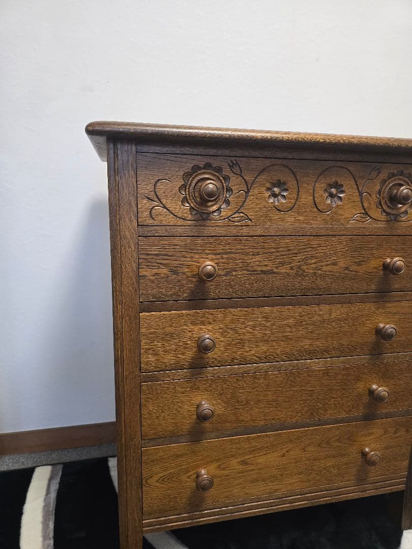 美品 勇峰工芸　雅　花柄チェスト　ナラ材家具　 旭川家具　伝統工芸品