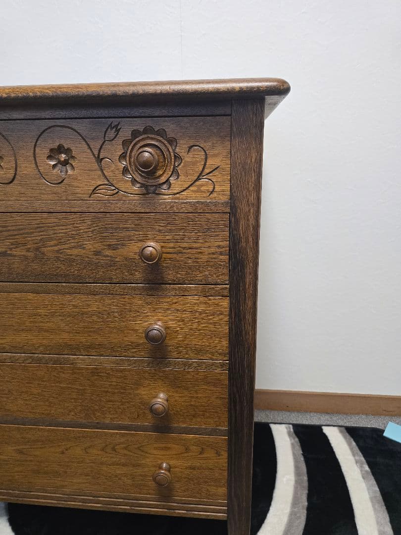 美品 勇峰工芸　雅　花柄チェスト　ナラ材家具　 旭川家具　伝統工芸品