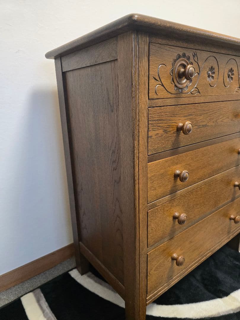 美品 勇峰工芸　雅　花柄チェスト　ナラ材家具　 旭川家具　伝統工芸品