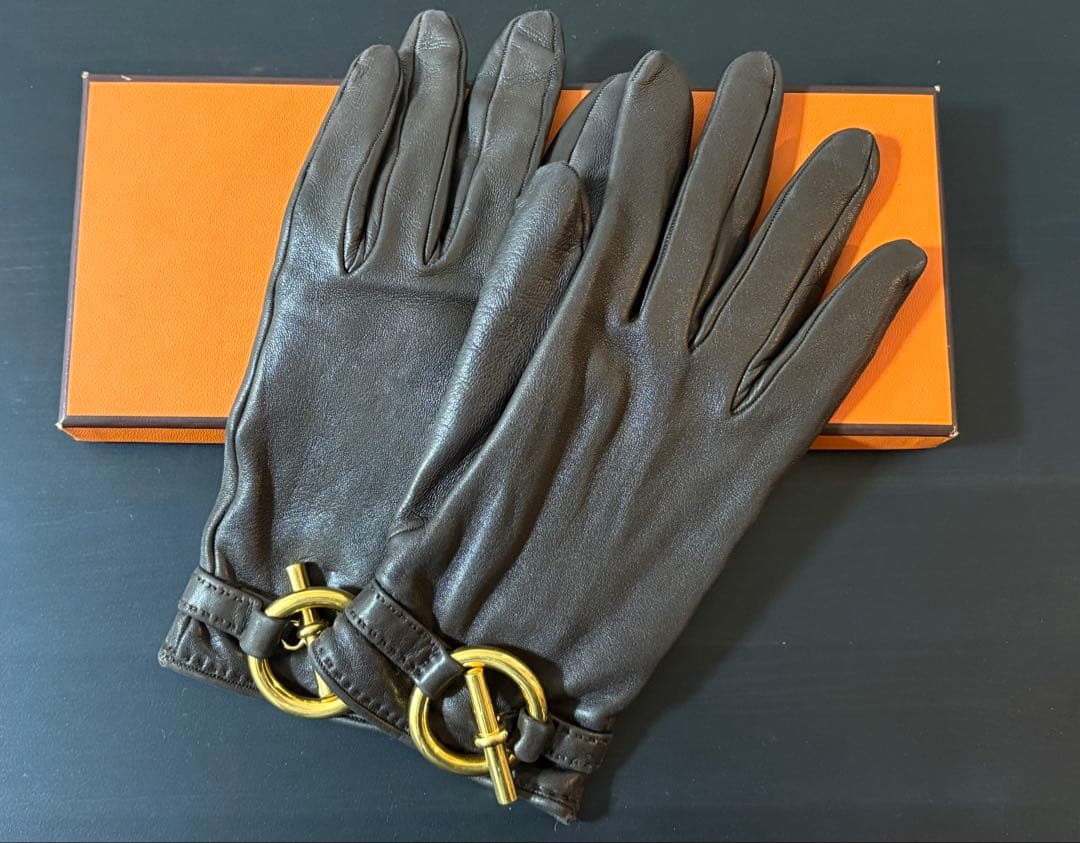 エルメス HERMES シェーヌダンクル レザー グローブ ブラウン