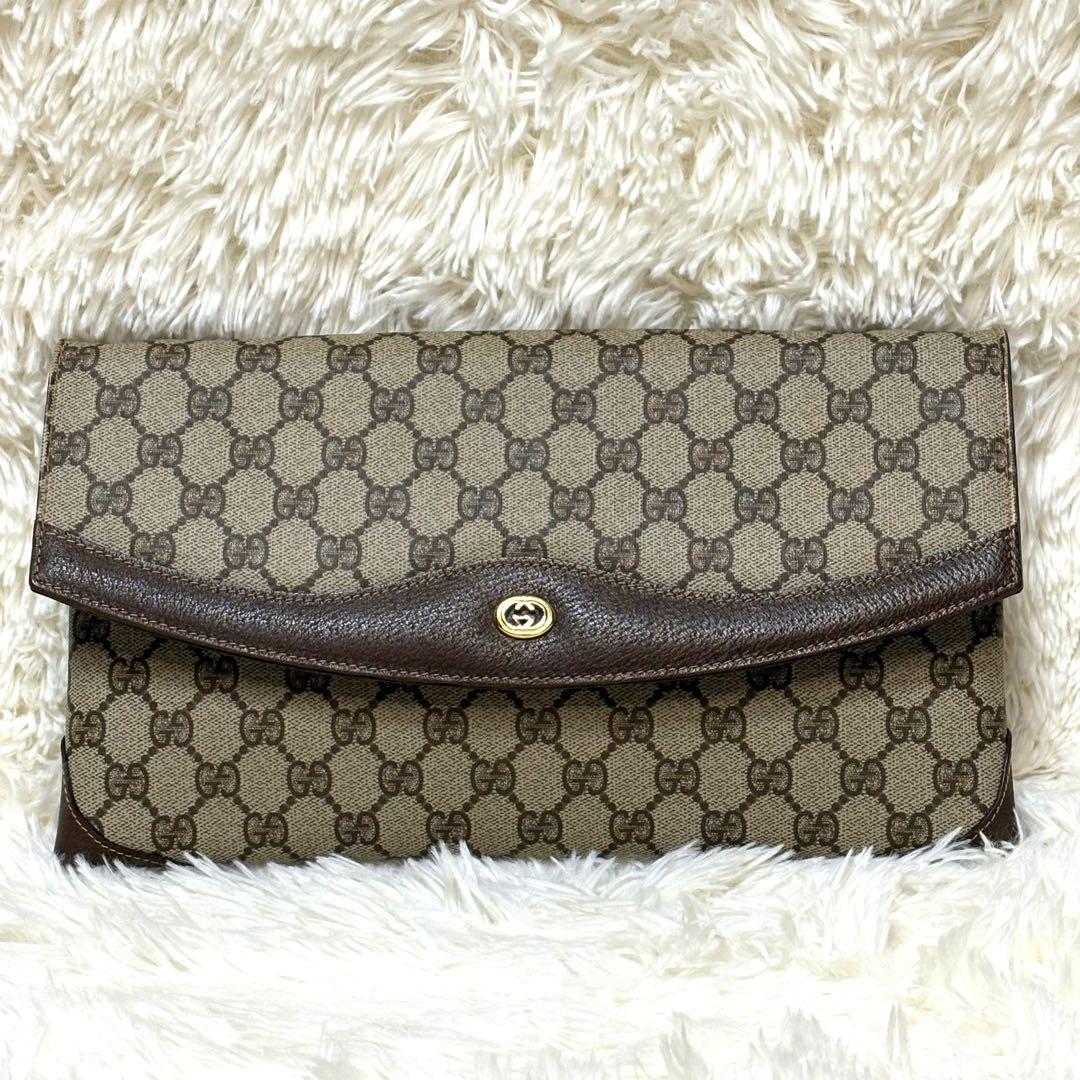 美品　GUCCI クラッチバッグ GG レザー ロゴ ベージュ ブラウン 金