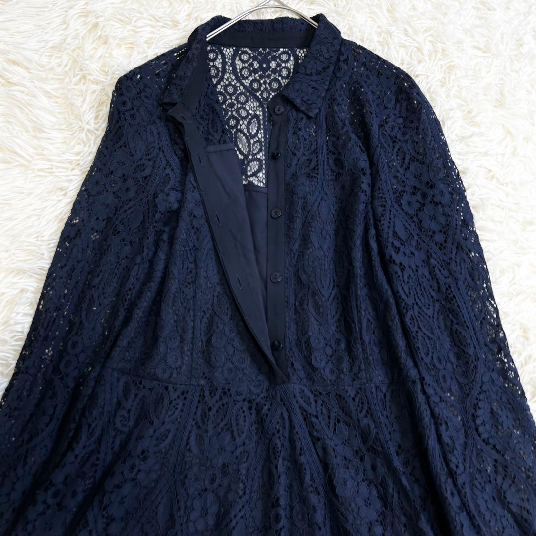 美品✨セルフォード ロングワンピース 総レース 襟付き Aライン ネイビー 38