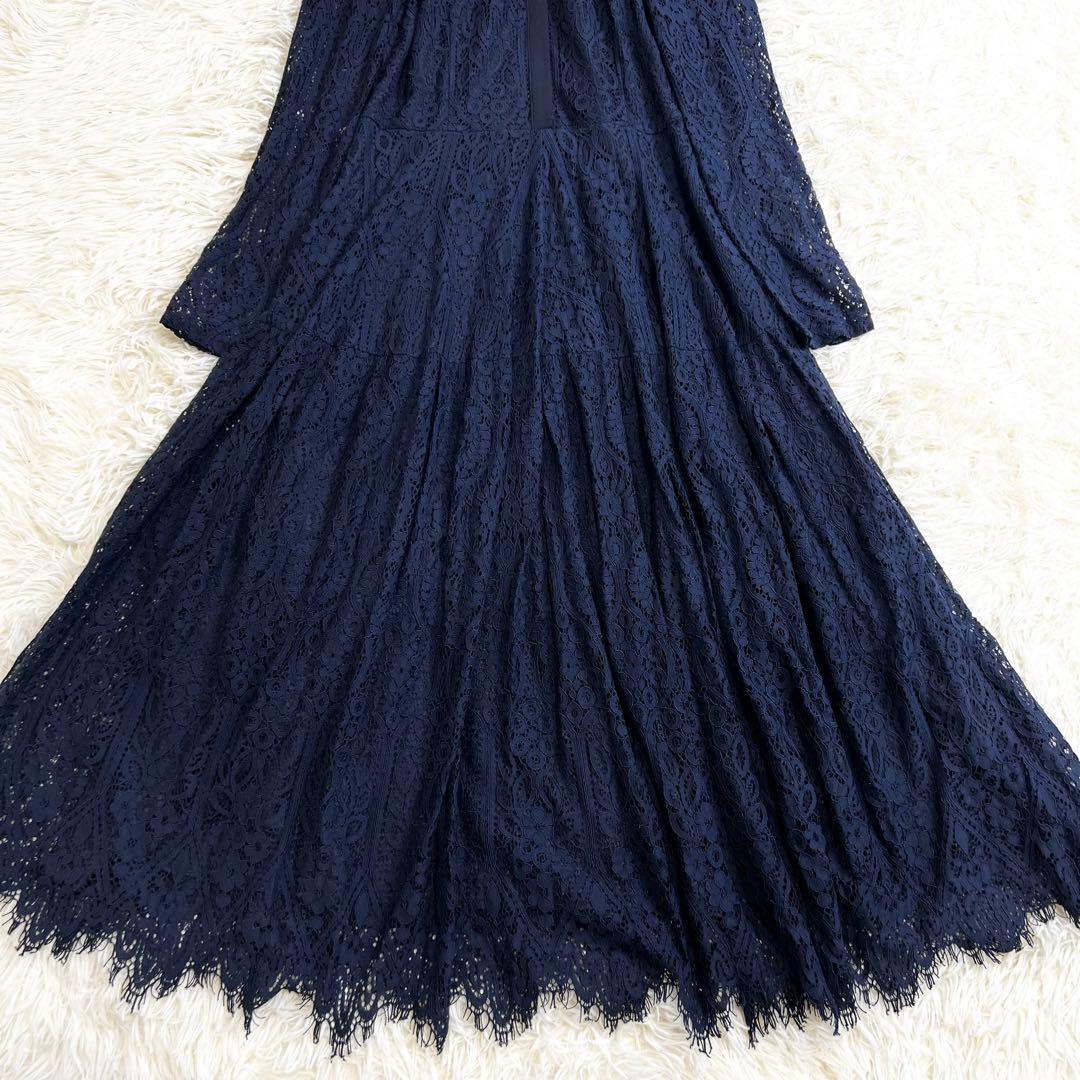 美品✨セルフォード ロングワンピース 総レース 襟付き Aライン ネイビー 38