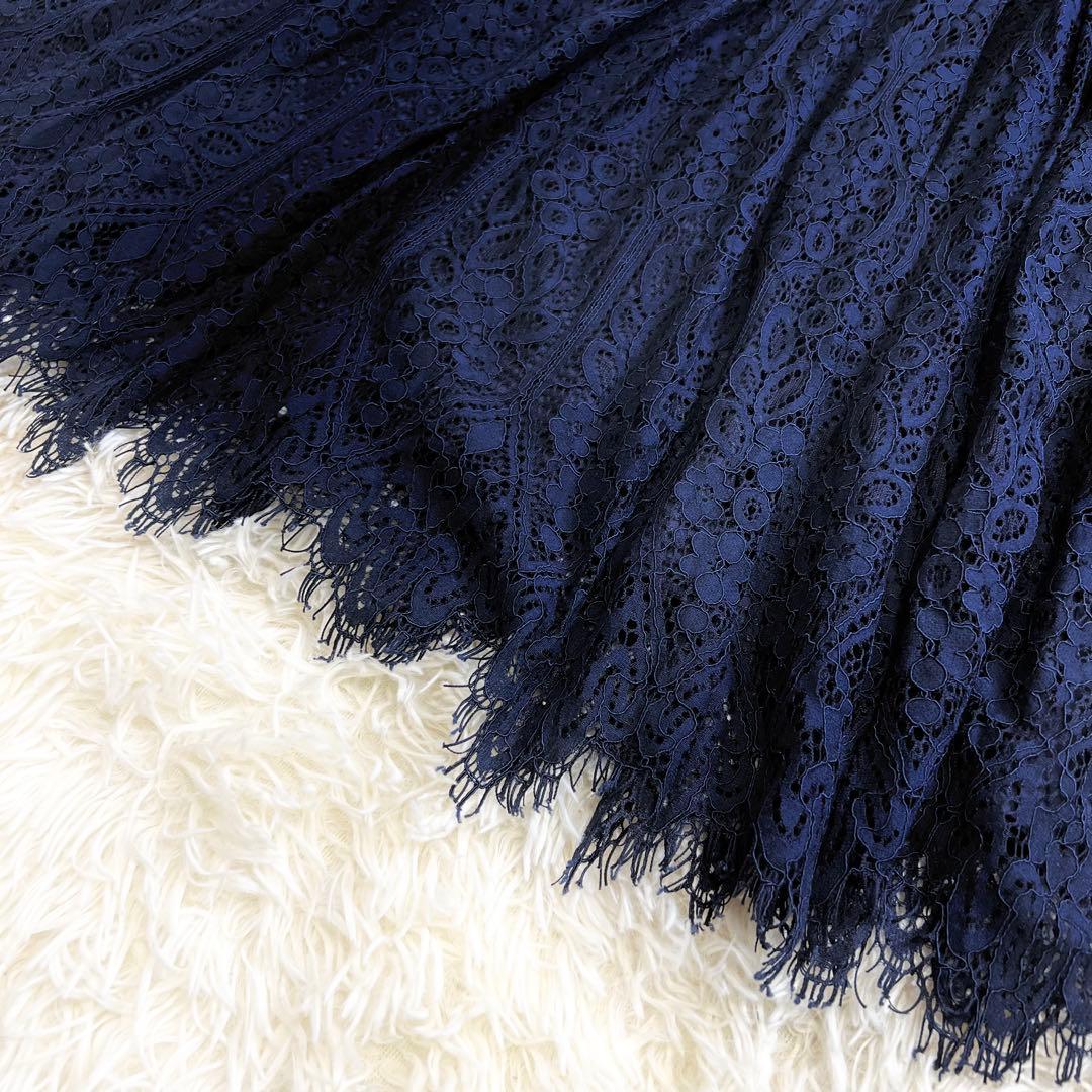 美品✨セルフォード ロングワンピース 総レース 襟付き Aライン ネイビー 38