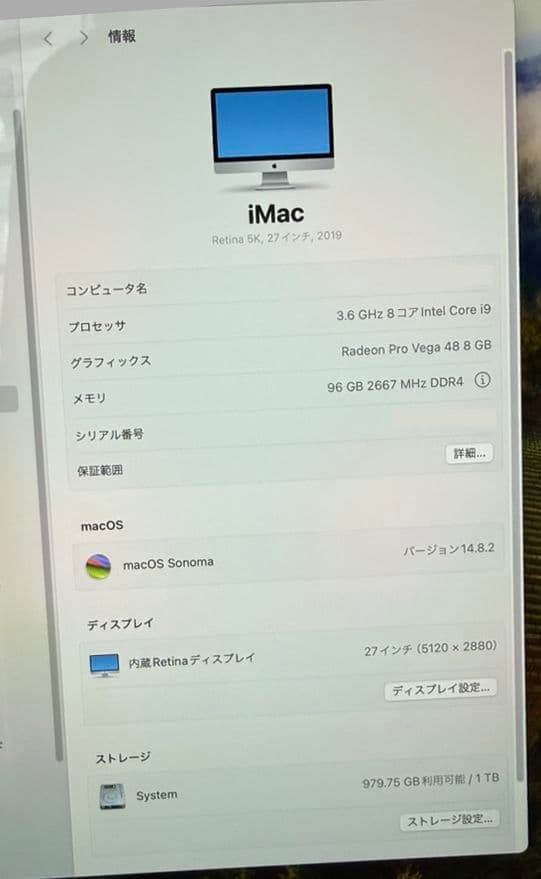 iMac2019(i9-3.6G・96G・1TB・Vega48)最強カスタマイズ