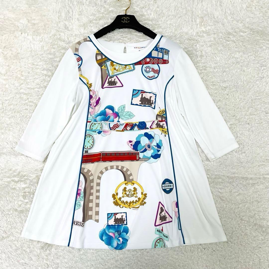 希少42サイズ✨レアデザイン✨レオナール　チュニック　花柄　汽車　L〜XL 白
