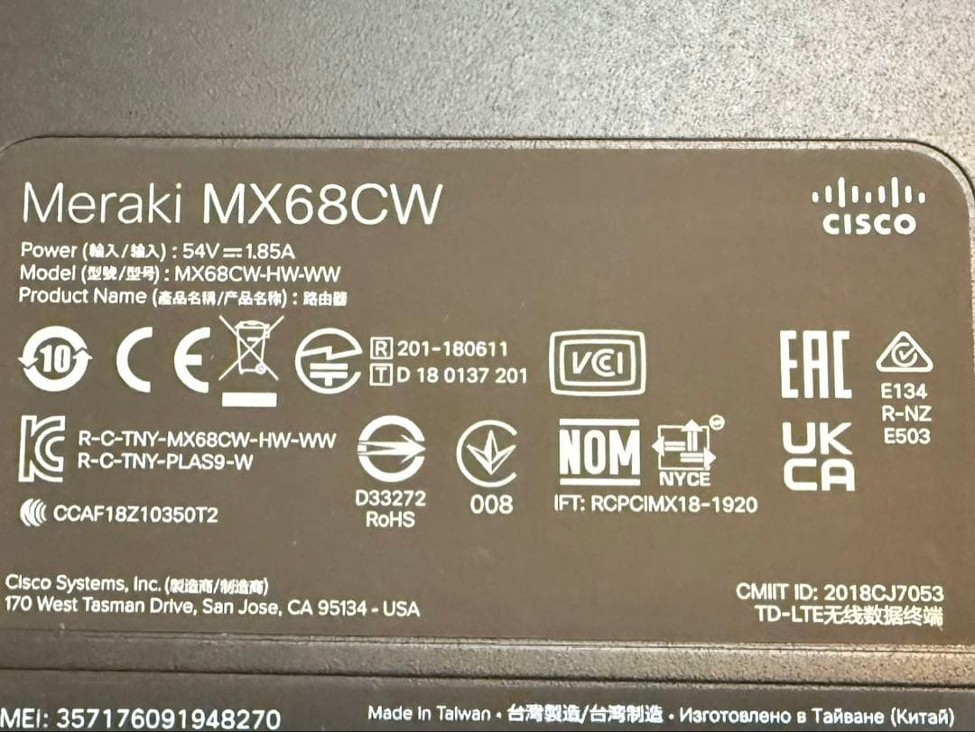 ルーター・ネットワーク機器 CISCO Meraki MX68CW