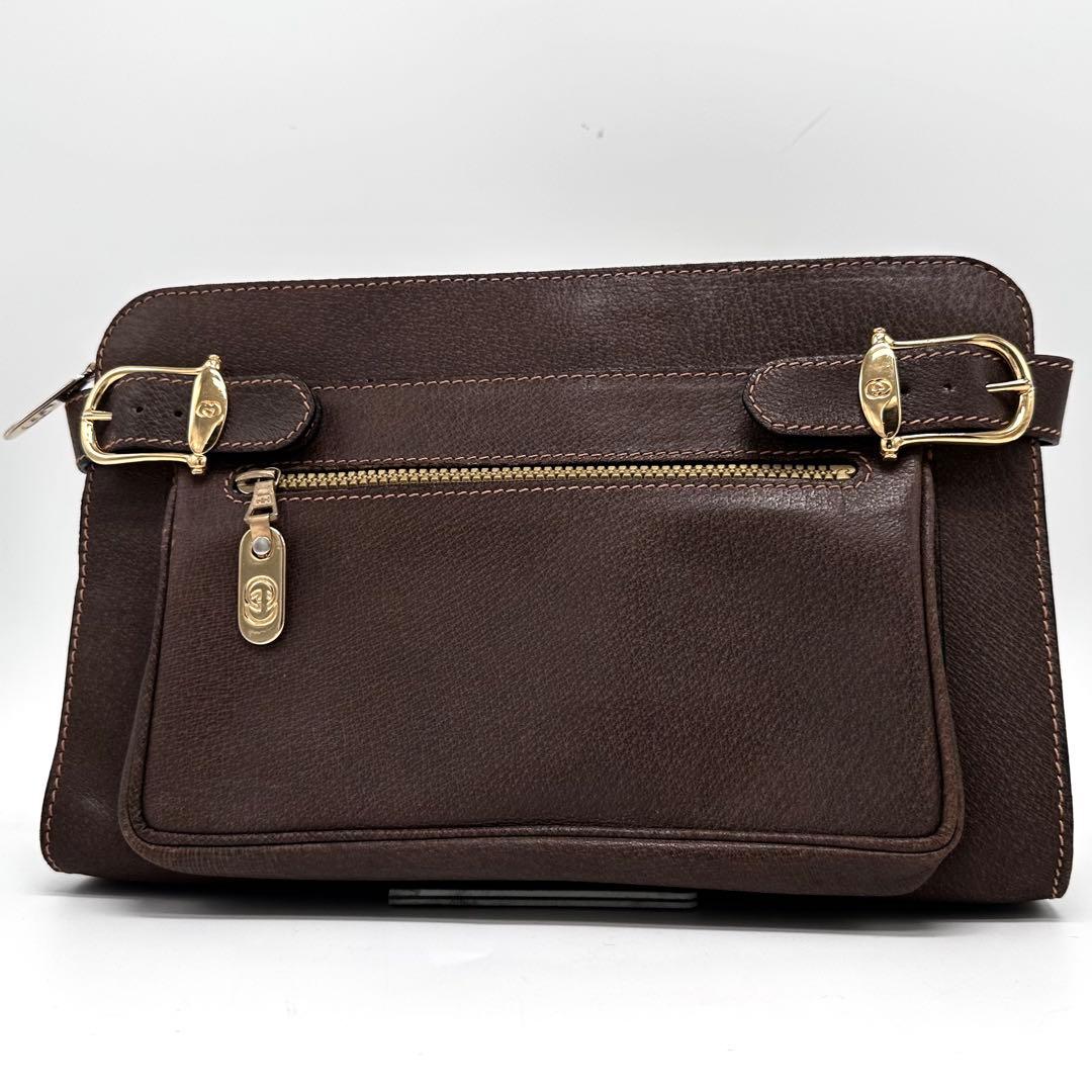 レア極美品 OLD GUCCI クラッチバッグ ロゴ金具 レザー 焦茶 男女兼用