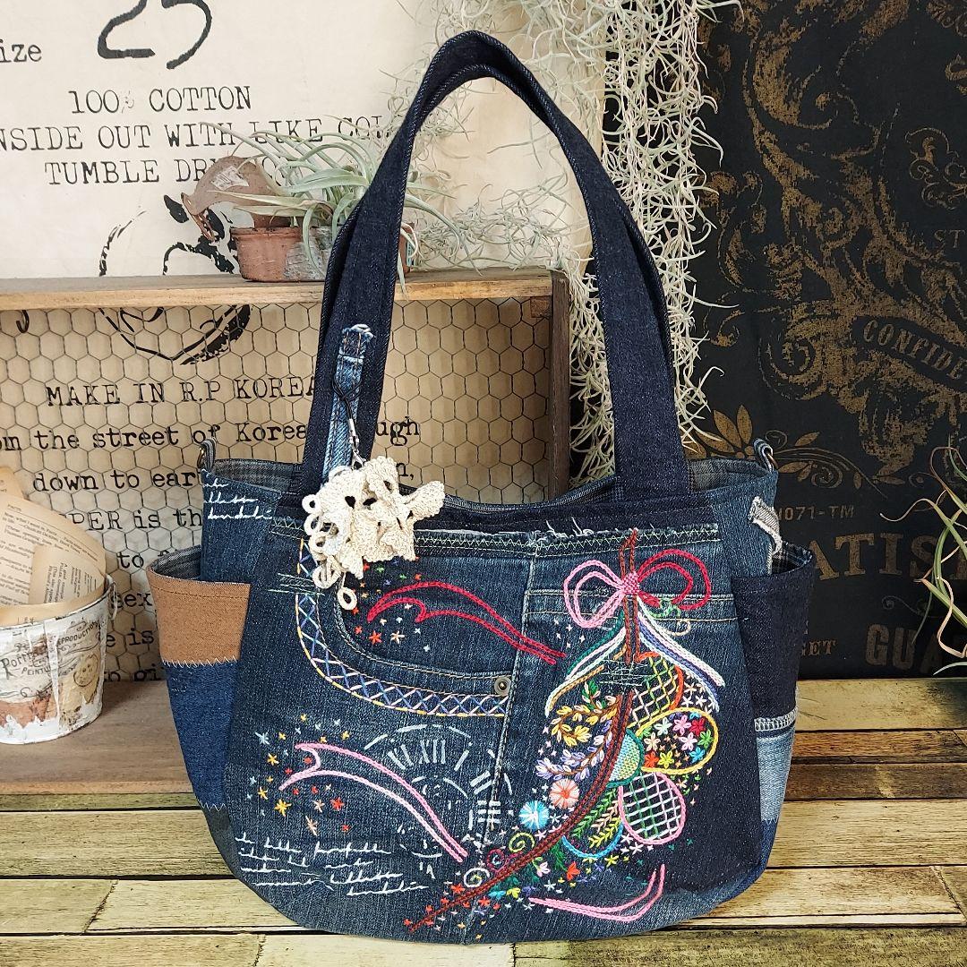 刺繍デニムバック　No.663　デニムリメイク　刺繍バック　丸いバック