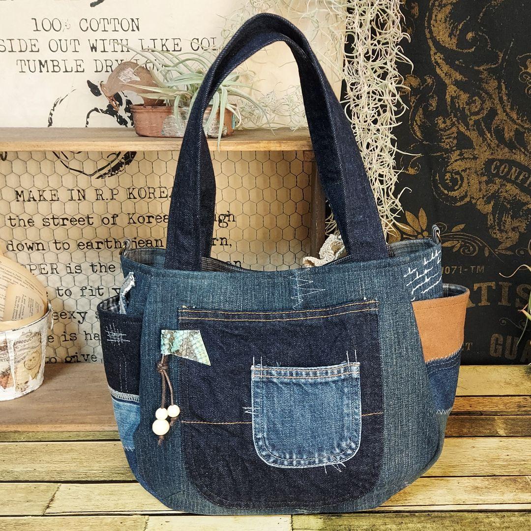 刺繍デニムバック　No.663　デニムリメイク　刺繍バック　丸いバック