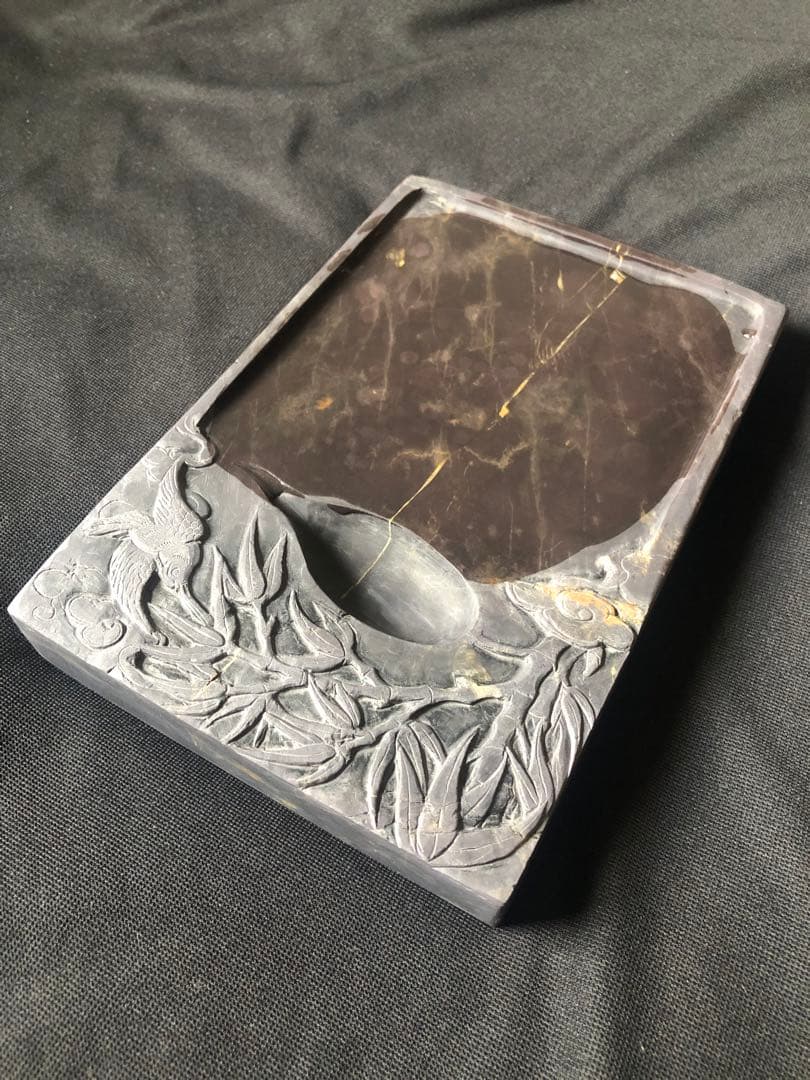 すずり 端溪硯 老坑 水巖 花鳥文 金綫 五彩飣 エン脂書道用品 端渓硯 文房具