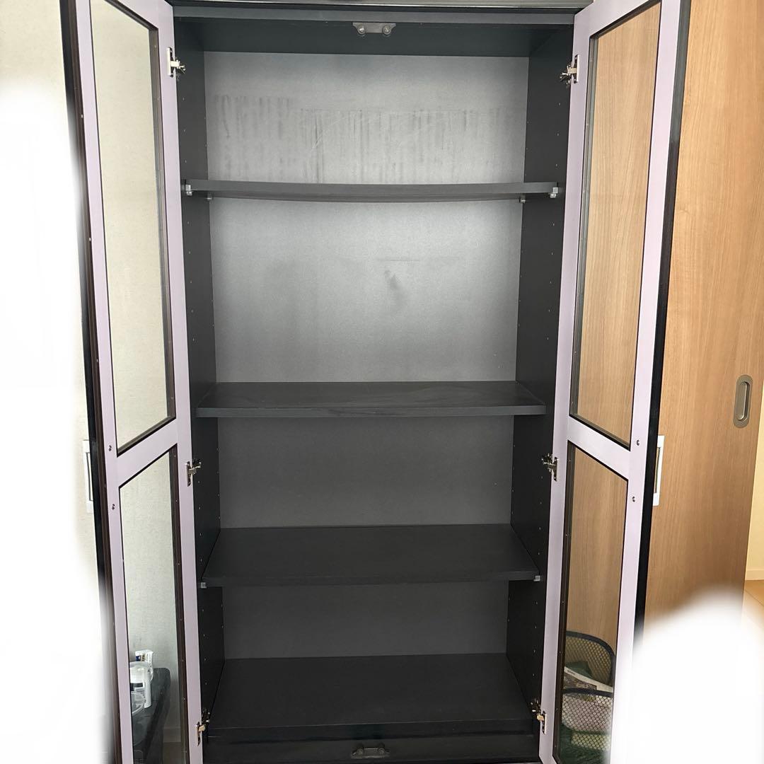 【送料込！組立不要】キャビネット　本棚　収納　ガラスケース　ブラック