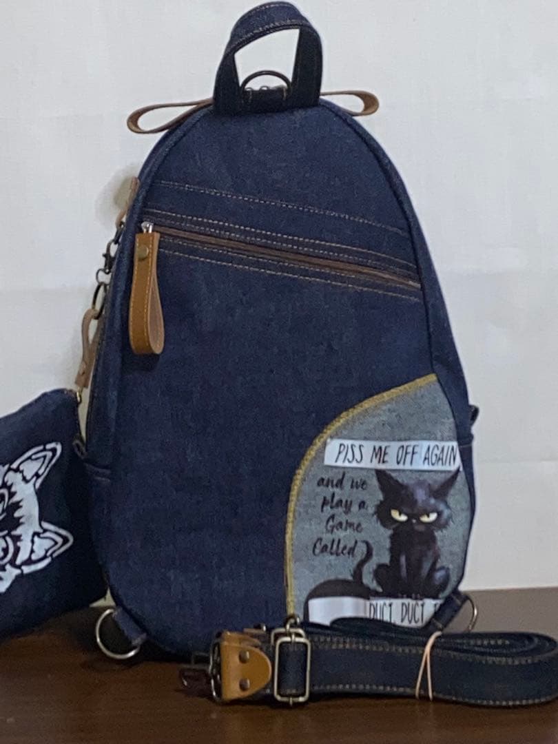 男女兼用☆岡山デニム♪ステンシル☆トラネコ♪リュックorワンショルダーバッグ