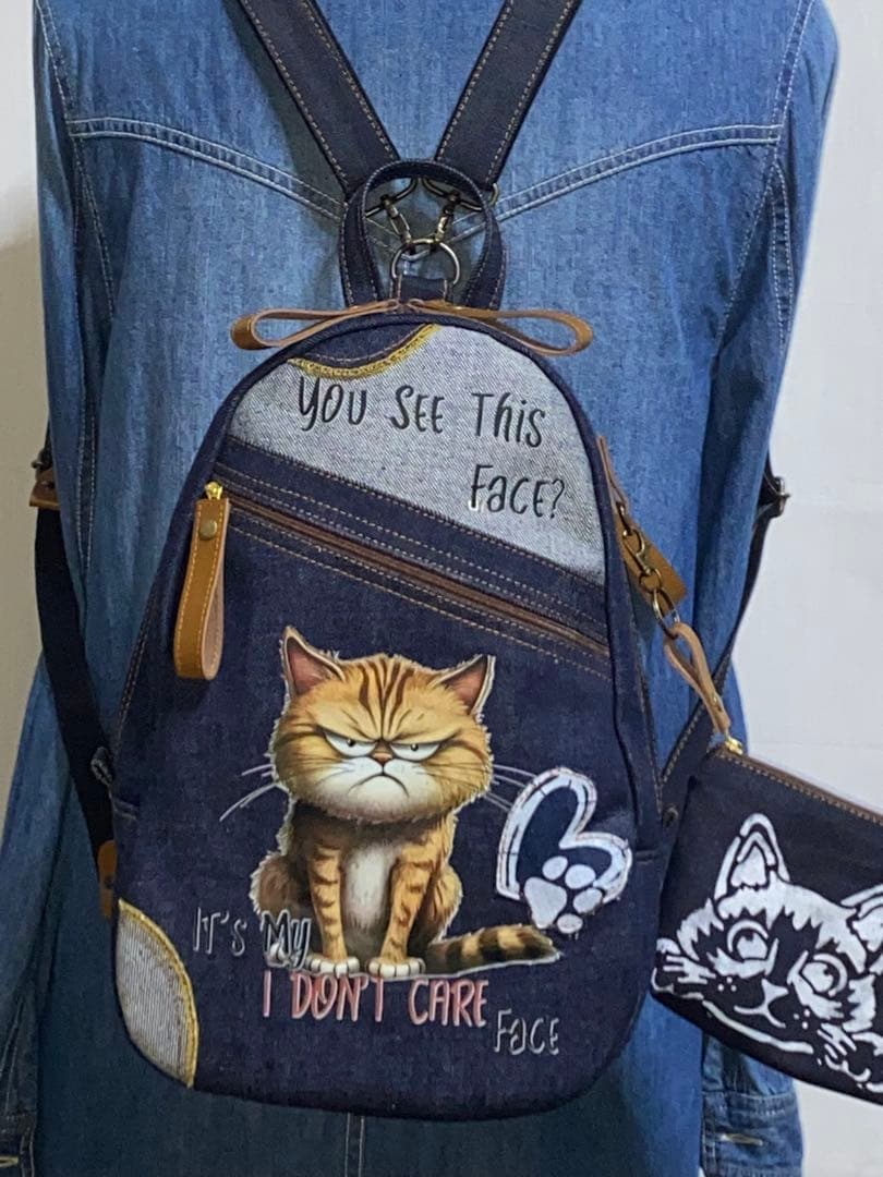 男女兼用☆岡山デニム♪ステンシル☆トラネコ♪リュックorワンショルダーバッグ