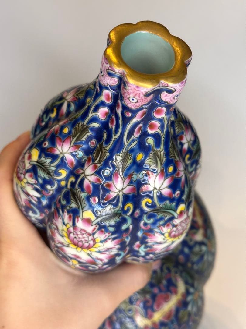 中国清代 乾隆年製款 藍釉金彩 葫蘆形賞瓶（荷花・寿字吉祥紋）中国古陶磁骨董品