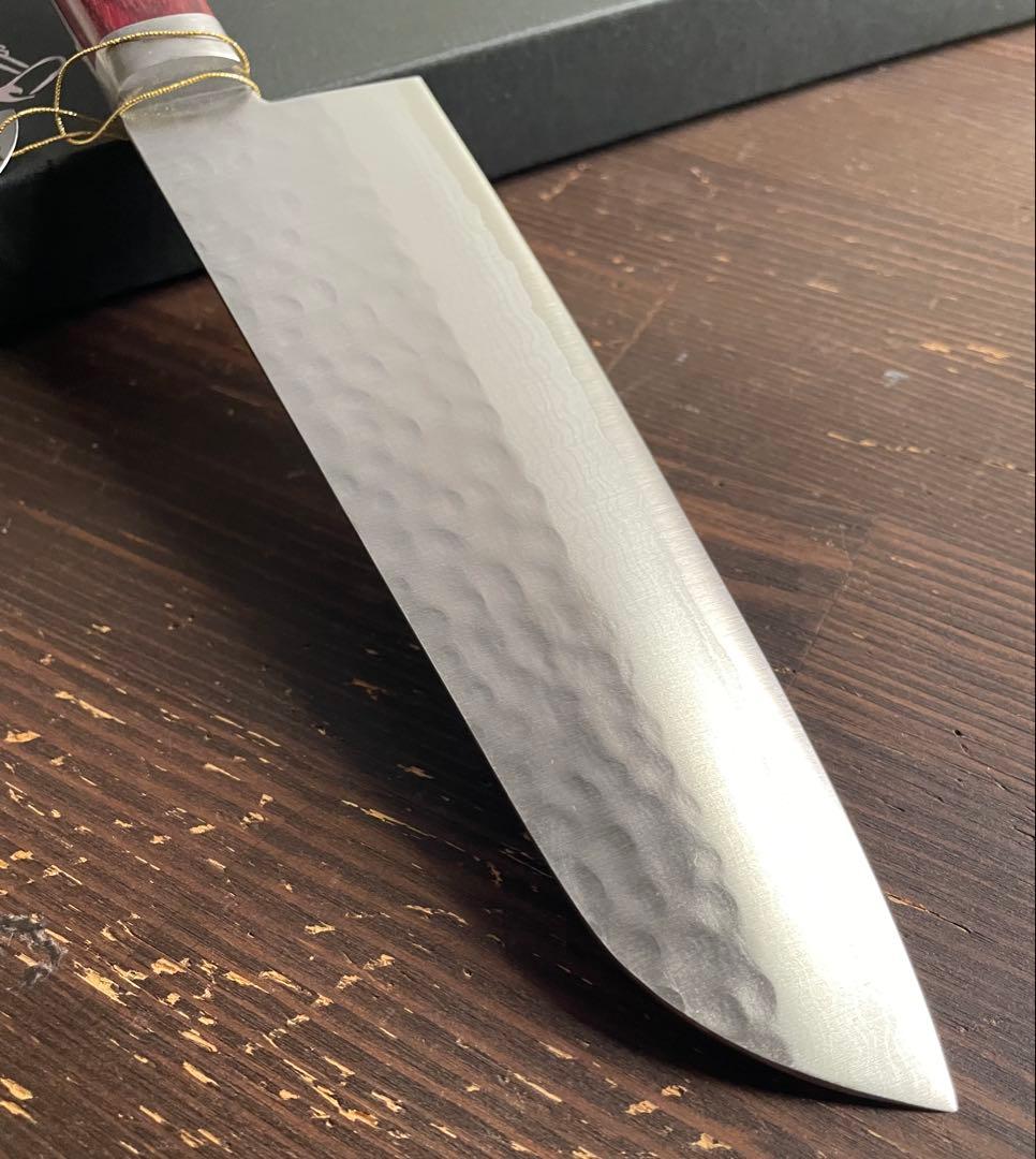 増谷刃物 三徳包丁VG10ステンレス積層槌目 刻流 口金有レッド柄 アウトレット