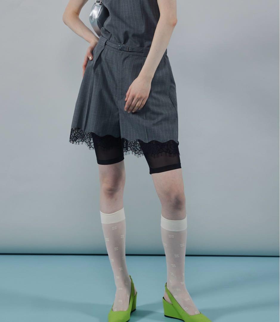 完売品 maison special ピンクストライプレースショートパンツ グレ