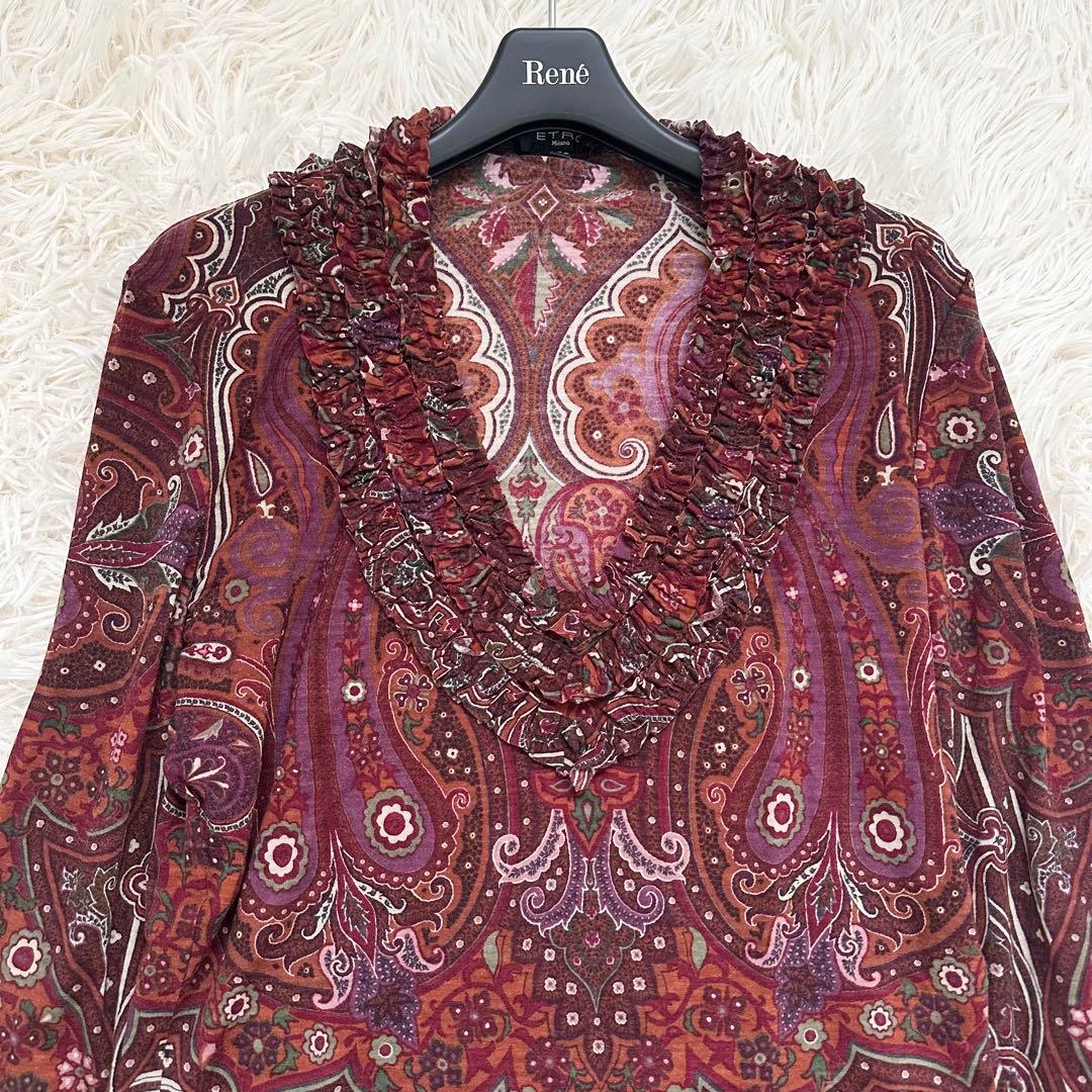 美品✨エトロ ペイズリー柄 フリル ロングワンピース ストレッチ素材 46