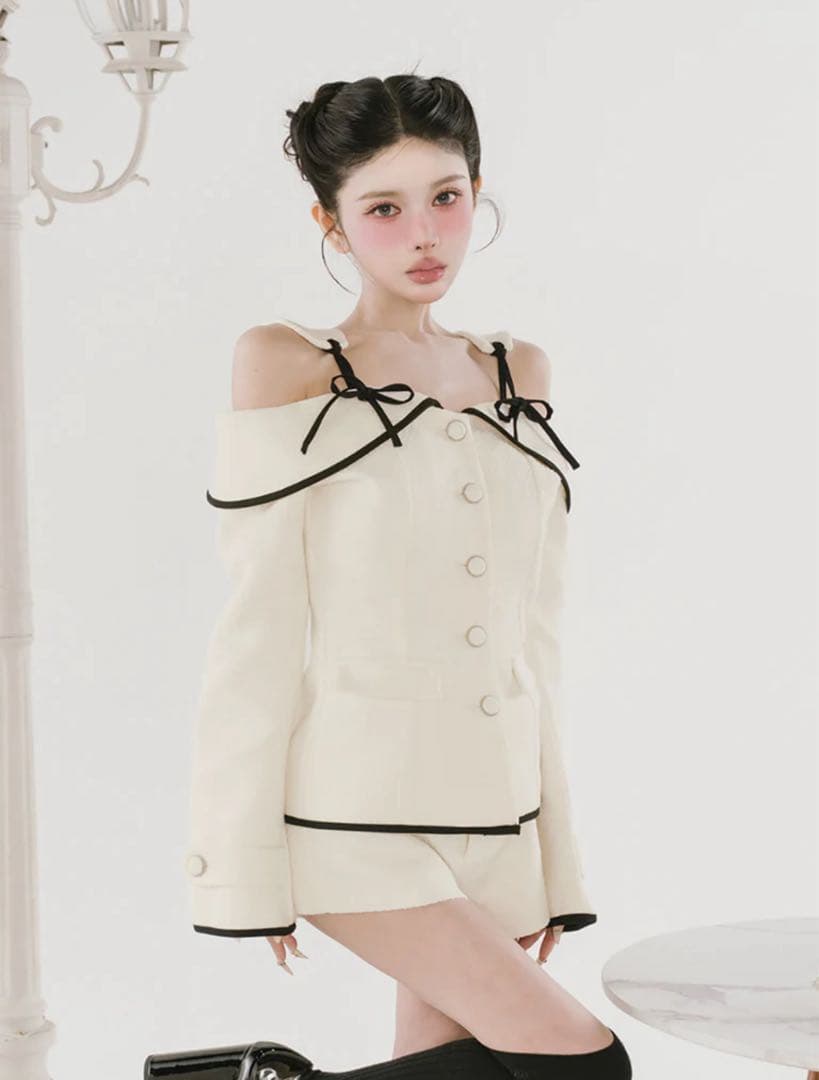 ダーリッチ ボンディングツイードオフショルチュニック S 白