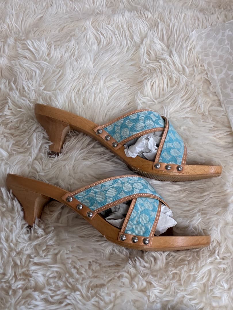 稀少　未使用品　ヴィンテージ　コーチシャロンブルー＆ブラウンレザー木製下駄