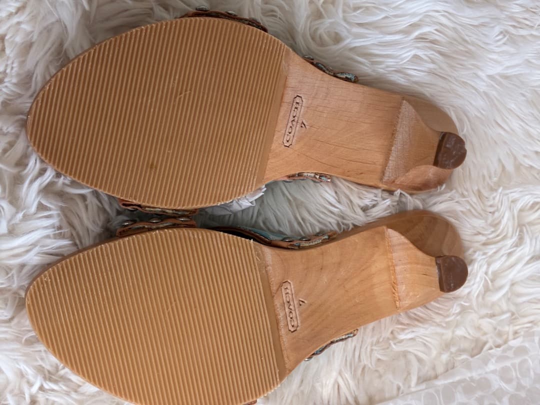 稀少　未使用品　ヴィンテージ　コーチシャロンブルー＆ブラウンレザー木製下駄