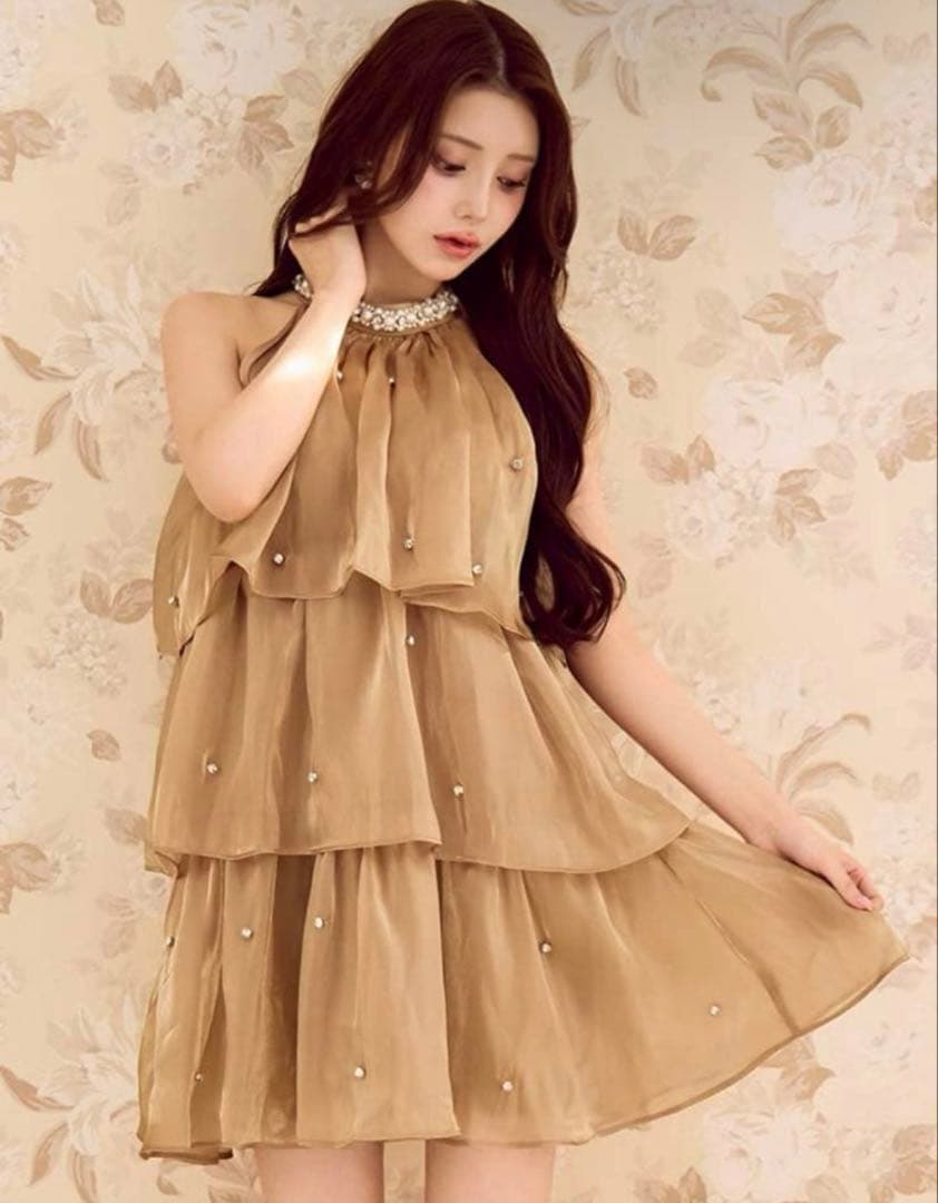 JEWELS シフォンティアードビジューミニドレス　Sサイズ　ベージュ