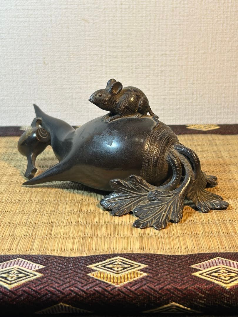 銅製置物　 鼠　大根　小槌 《鼠大根食う→恵比寿・大黒》