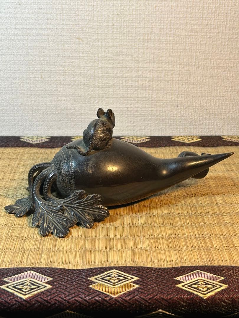 銅製置物　 鼠　大根　小槌 《鼠大根食う→恵比寿・大黒》