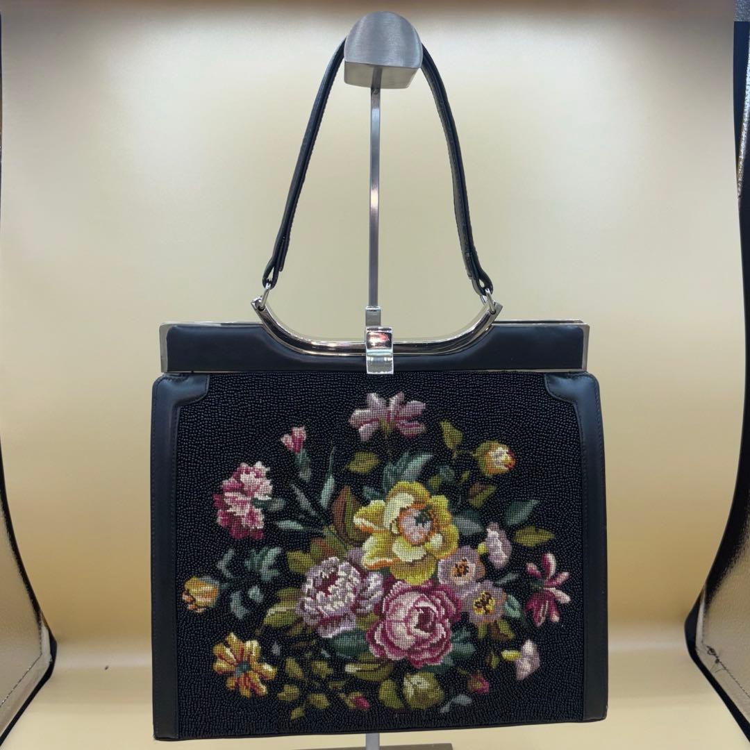 プチポアン風 ビーズ刺繍 花柄 ヴィンテージバッグ 英領香港 ハンドメイド