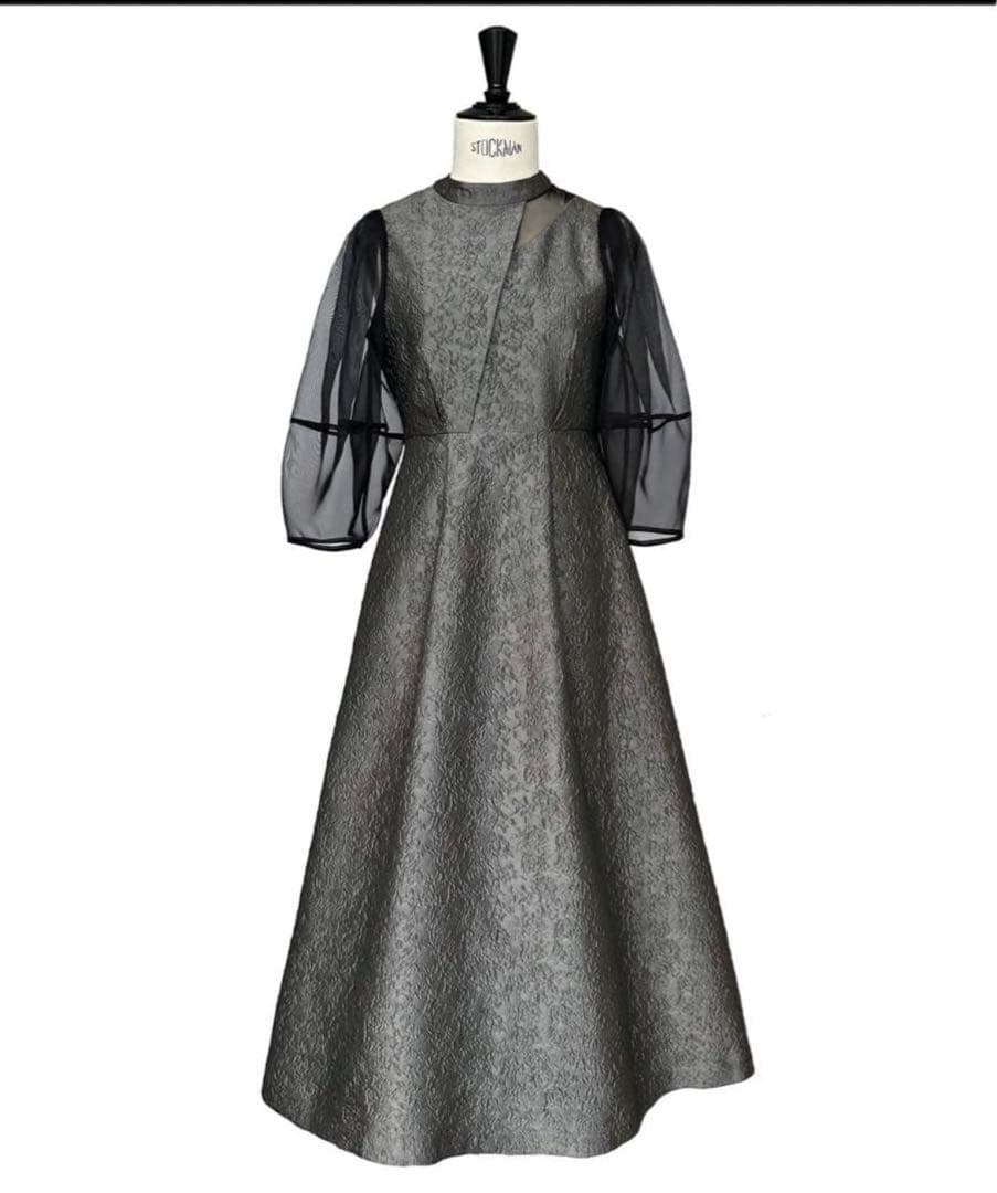 【オケージョン対応】シアーランタンスリーブふくれジャカードドレス パーティドレス