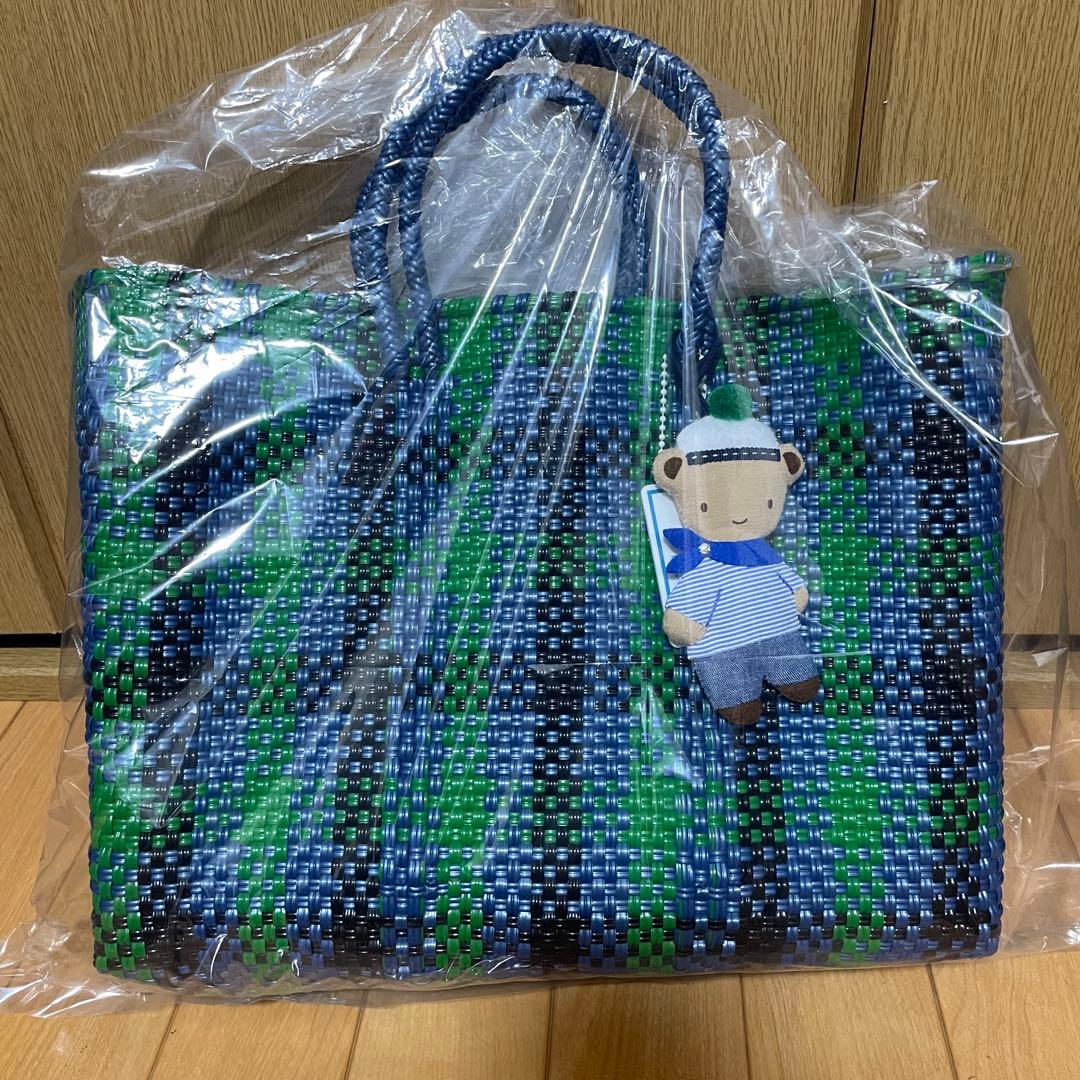 Familiar 青緑チェック かごバッグ　ファミリア　メルカドバック