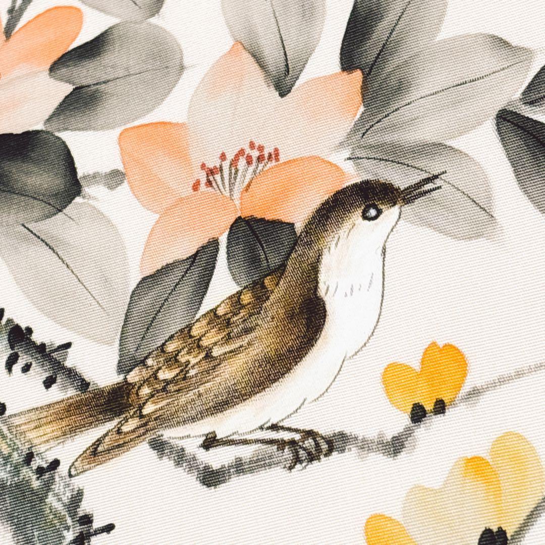 A 98未使用名古屋帯 塩瀬　9寸　雀と椿模様正絹 着物帯美品