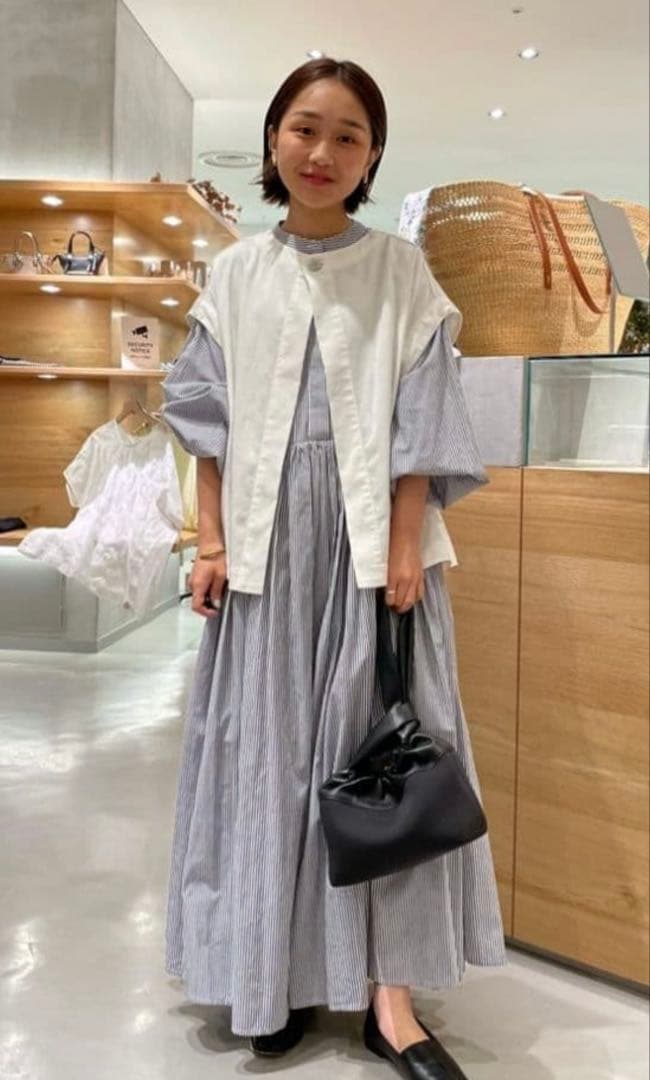 beardsley大人かわいいストライプ柄長袖バンドカラーロングワンピサイズ1