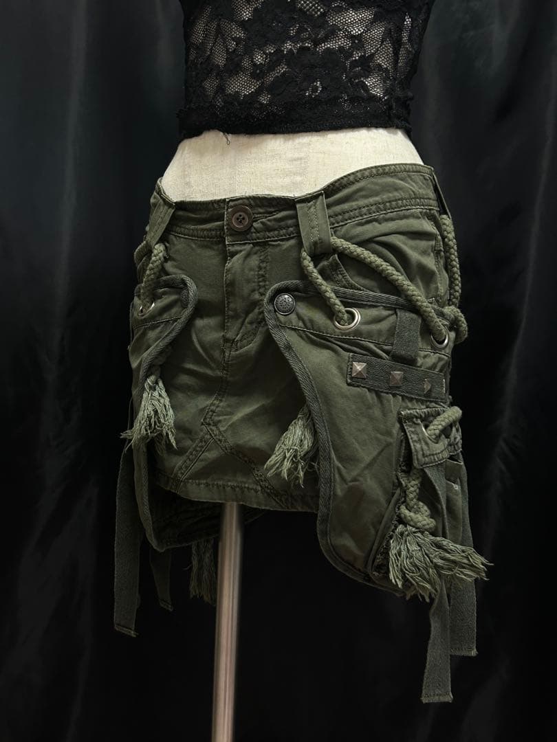 オリーブグリーン フリンジ付きミリタリースカート