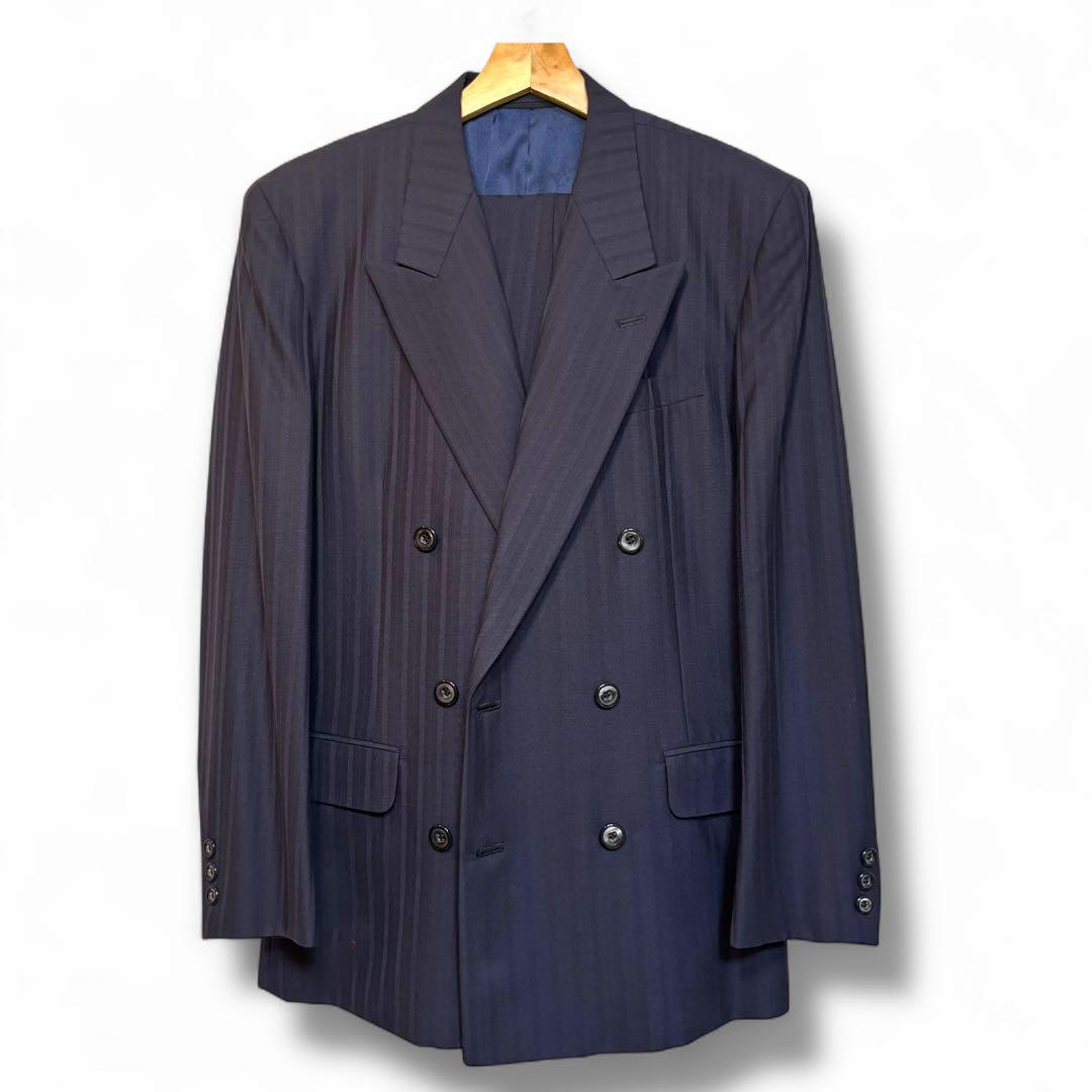 美品 バレンシアガ ダブルブレストスーツ セットアップ ウール 紺 ストライプ