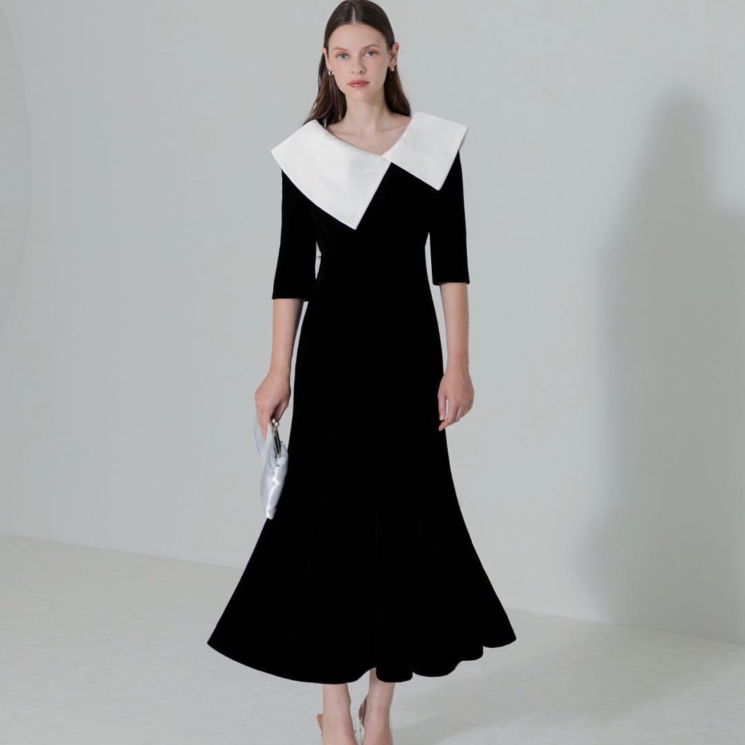 Leja 配色アシンメトリービッグカラーベロアマーメイドシルエットドレス　結婚式