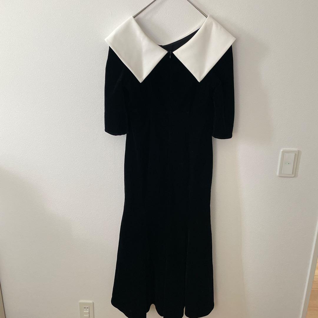 Leja 配色アシンメトリービッグカラーベロアマーメイドシルエットドレス　結婚式