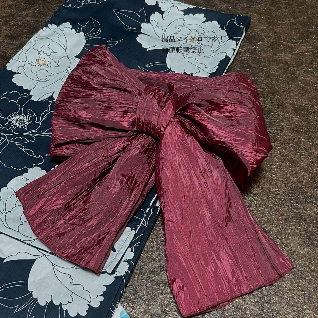 浴衣　大きめサイズ　浴衣 3L 牡丹　濃紺　兵児帯エンジ　2点　新品　0719②