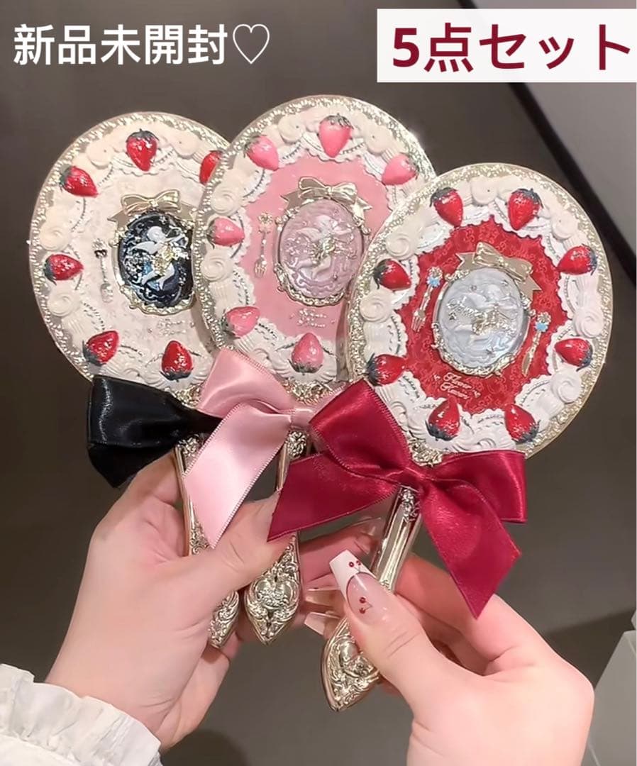 【5点セット】フラワーノーズ　ストロベリーキューピッドハンドミラー＆ヘアクリップ