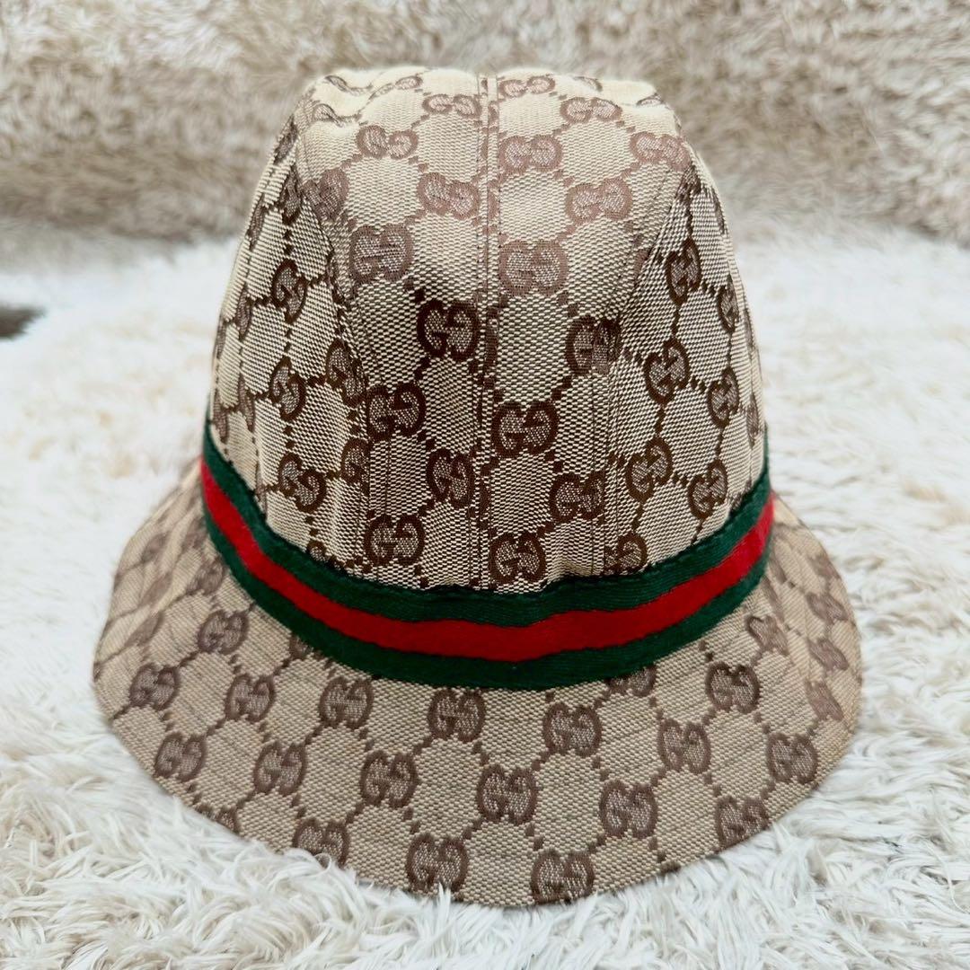 【美品】グッチ 帽子 バケットハット ベージュ キャンバス シェリーライン