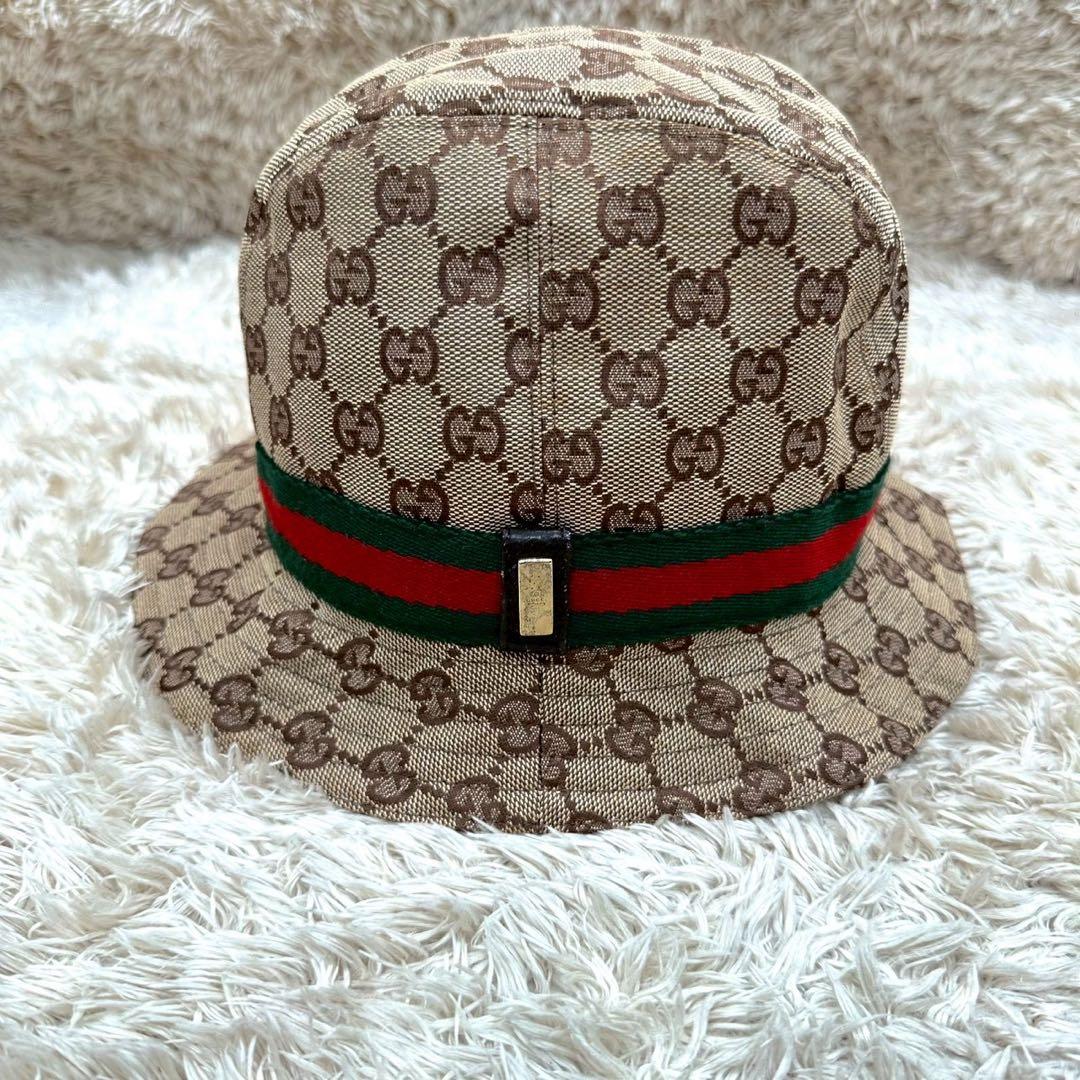 【美品】グッチ 帽子 バケットハット ベージュ キャンバス シェリーライン