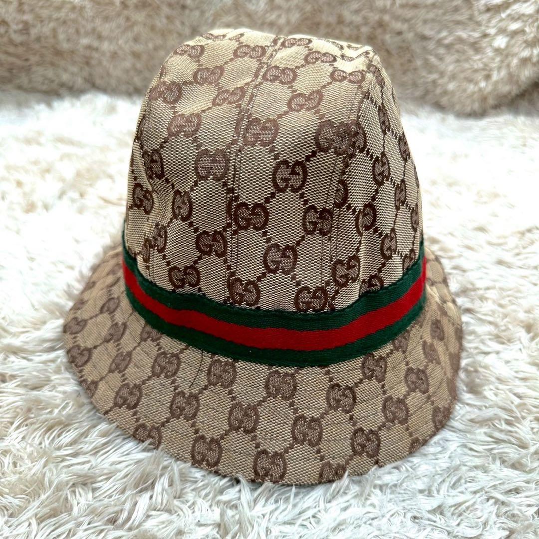 【美品】グッチ 帽子 バケットハット ベージュ キャンバス シェリーライン