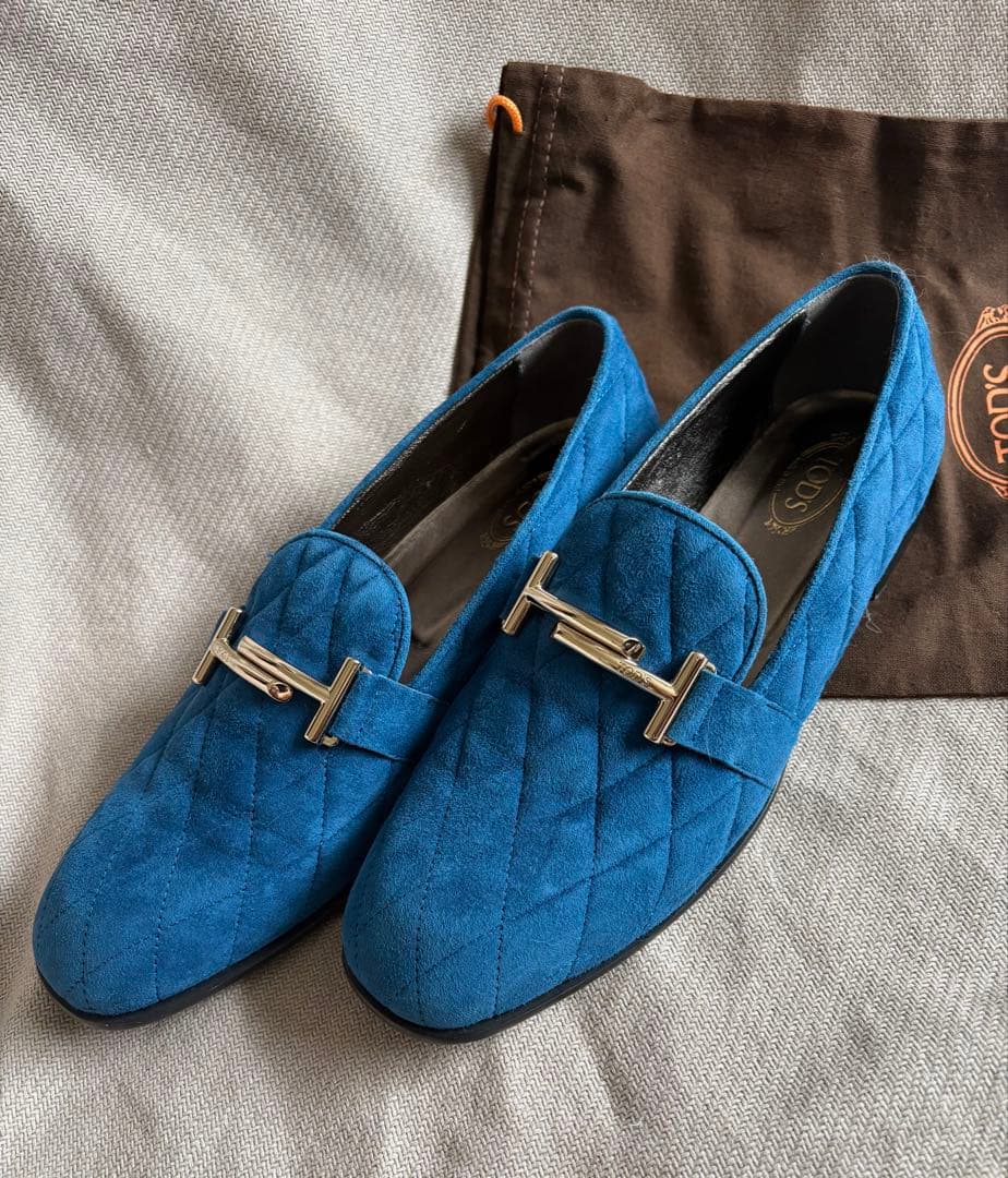 美品 トッズ ダブルT ローファー スエード ネイビー 38 1/2