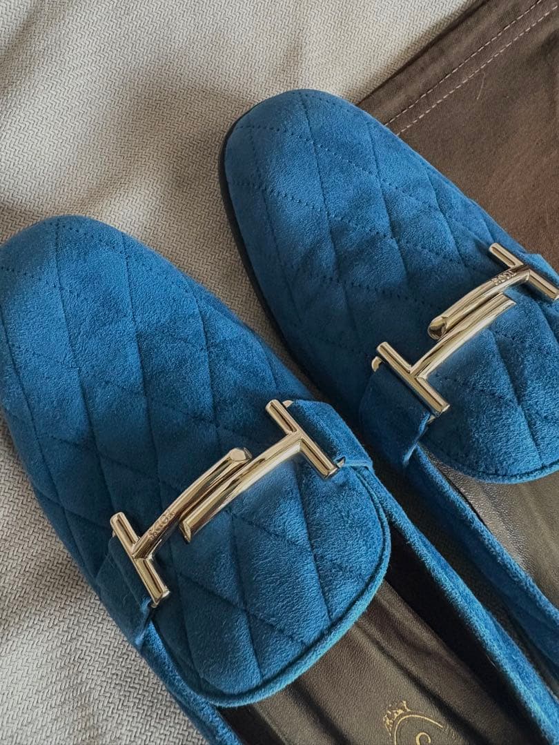 美品 トッズ ダブルT ローファー スエード ネイビー 38 1/2