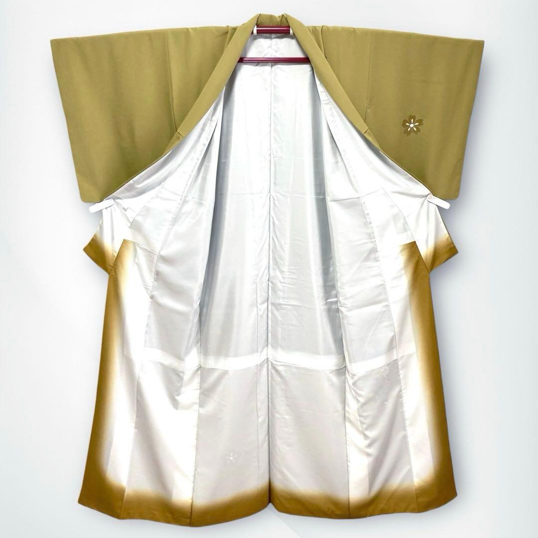 【美品✨】東レシルック　洗える着物　付け下げ　緑みのくすみの黄　桜　ぼかし染I1