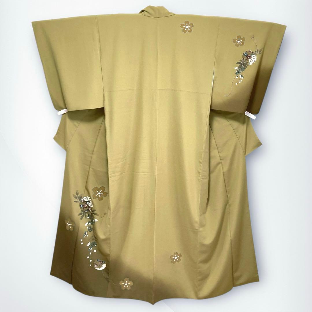 【美品✨】東レシルック　洗える着物　付け下げ　緑みのくすみの黄　桜　ぼかし染I1