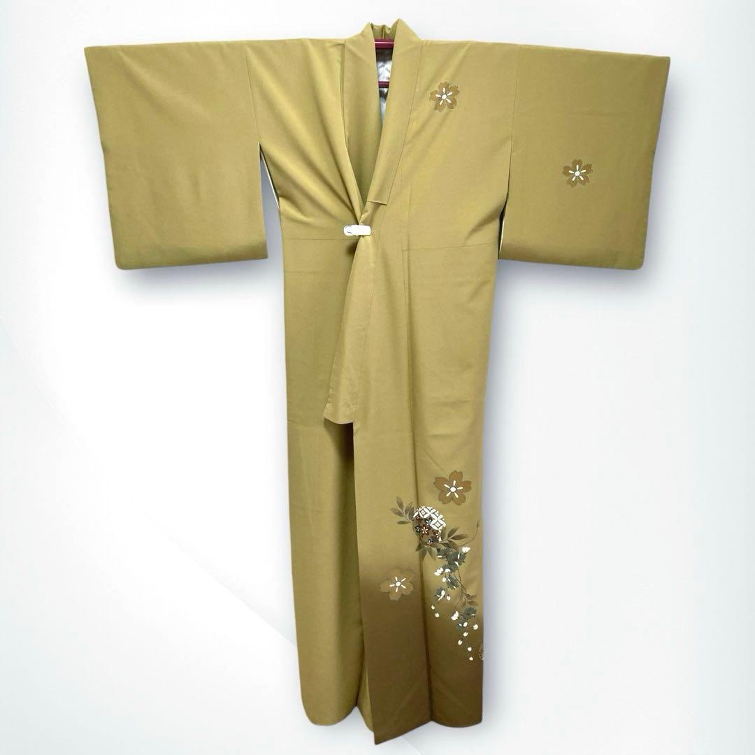 【美品✨】東レシルック　洗える着物　付け下げ　緑みのくすみの黄　桜　ぼかし染I1