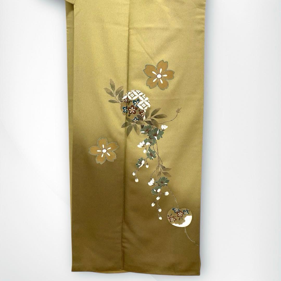 【美品✨】東レシルック　洗える着物　付け下げ　緑みのくすみの黄　桜　ぼかし染I1